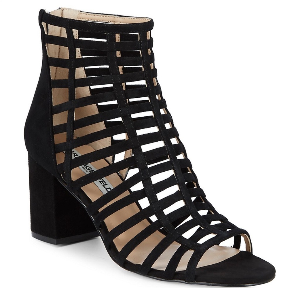 Karl Lagerfeld Paris, Jasmint Suede Cage Sandals, 8.5, black